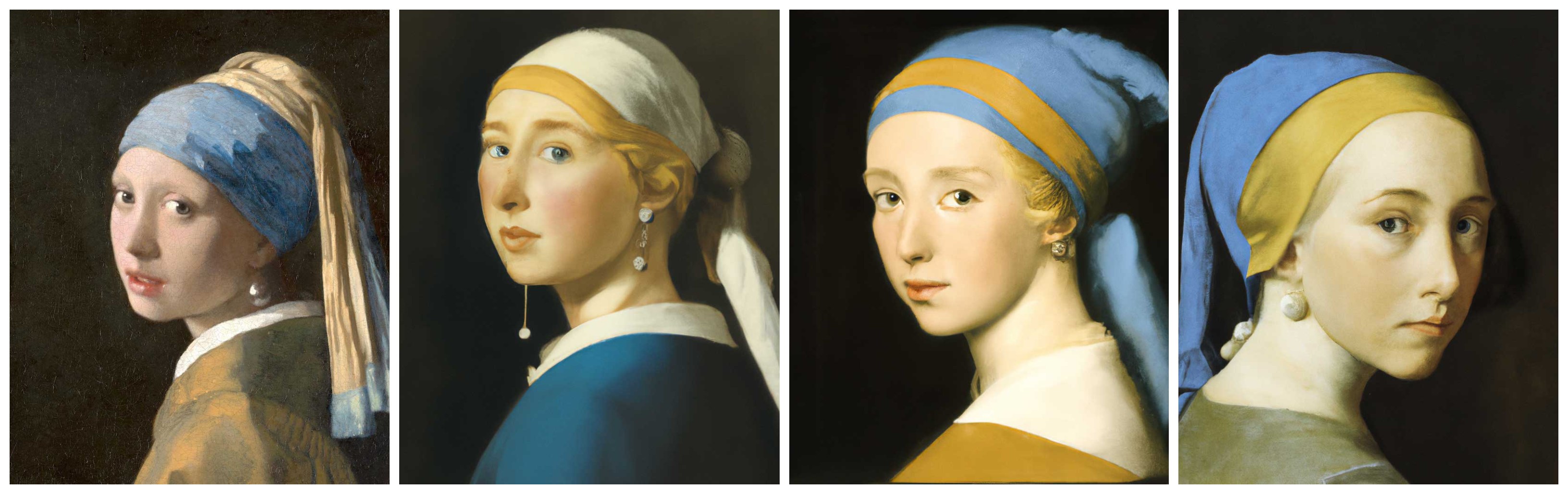 페르메이르의 진주 귀걸이를 한 소녀 원본(왼쪽)과 달리2의 모작 이미지들